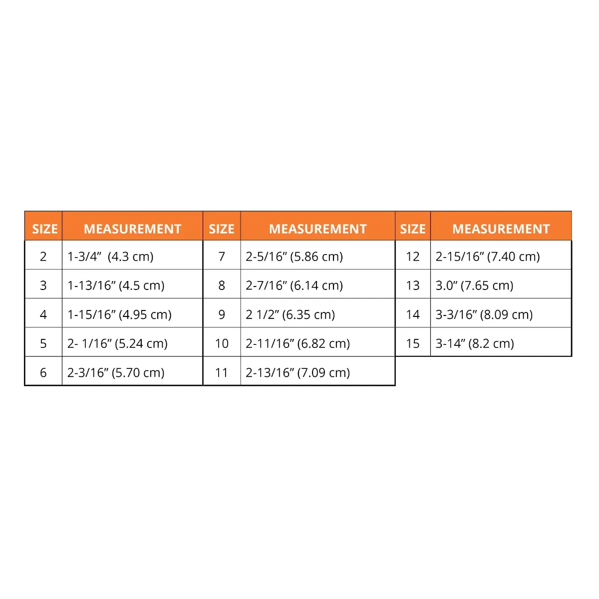 Size chart for individual and packs 1 16 48